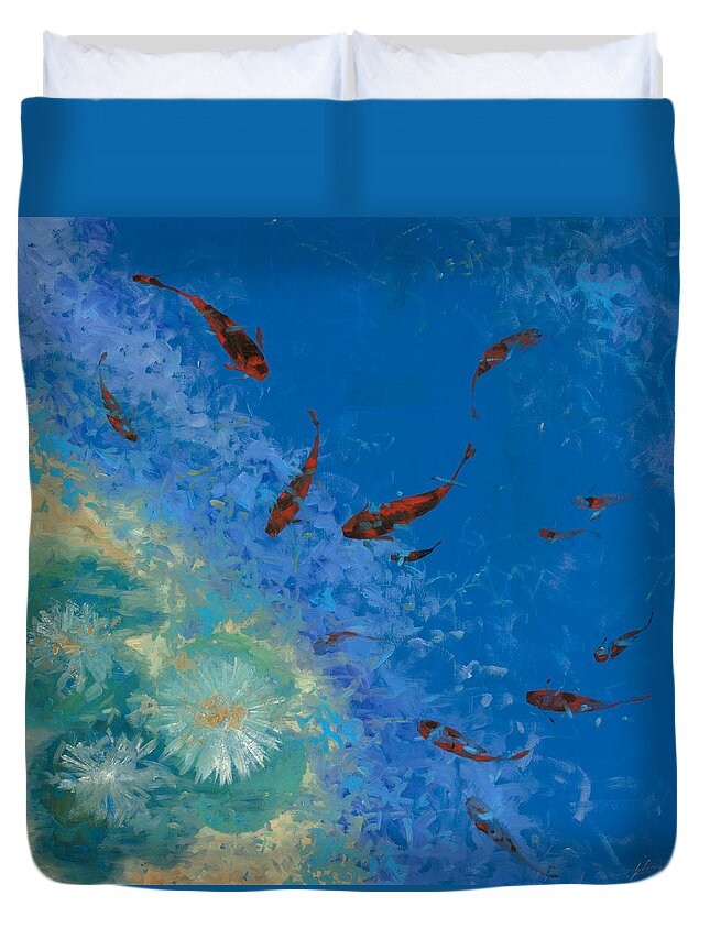 Fishscape Duvet Cover featuring the painting 13 Pesciolini Rossi by Guido Borelli