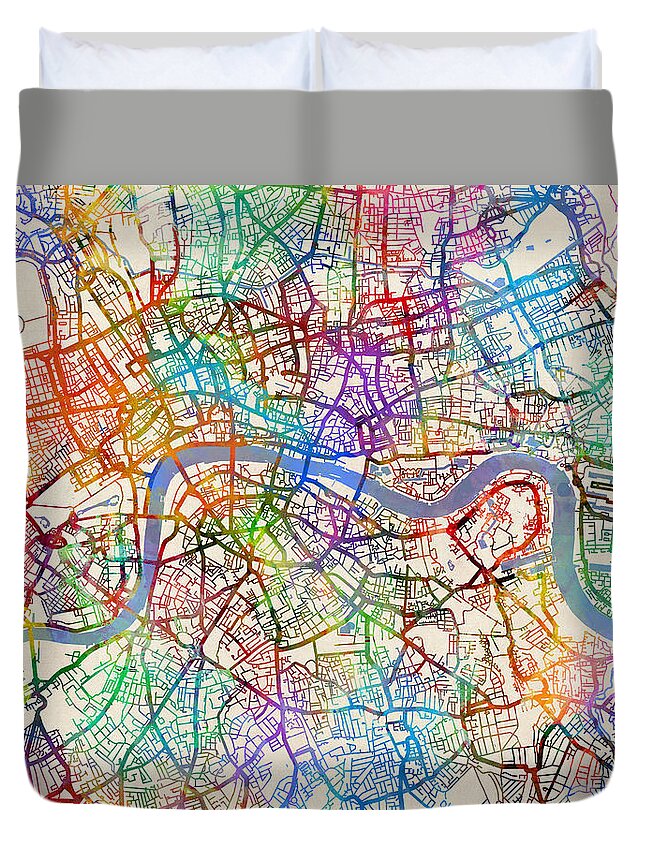 London Duvet Cover featuring the digital art London England Street Map by Michael Tompsett