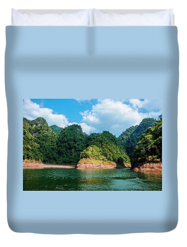 Mountain Duvet Cover featuring the photograph The mountains and reservoir scenery with blue sky #17 by Carl Ning