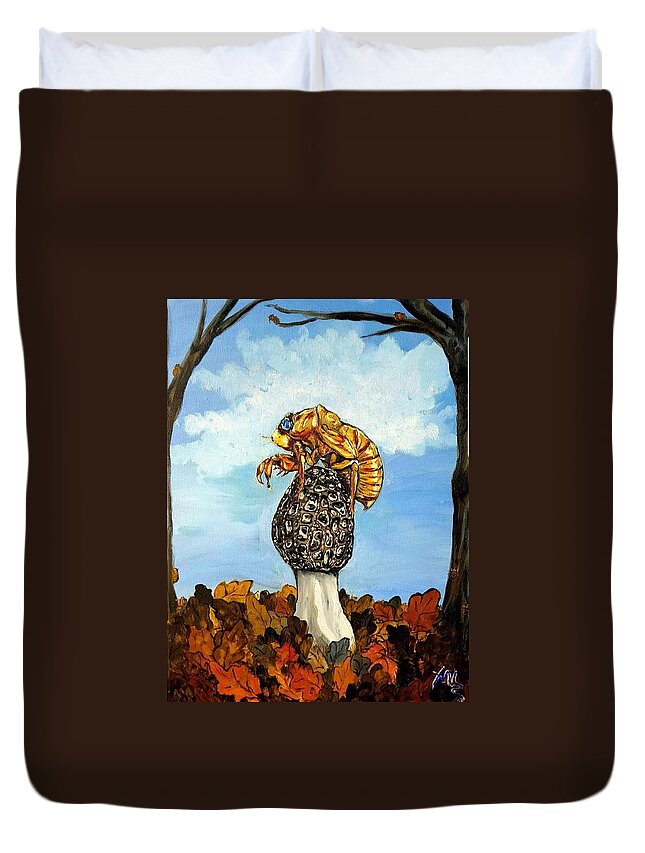 Morel Duvet Cover featuring the painting 17 year Cicada With Morel by Alexandria Weaselwise Busen