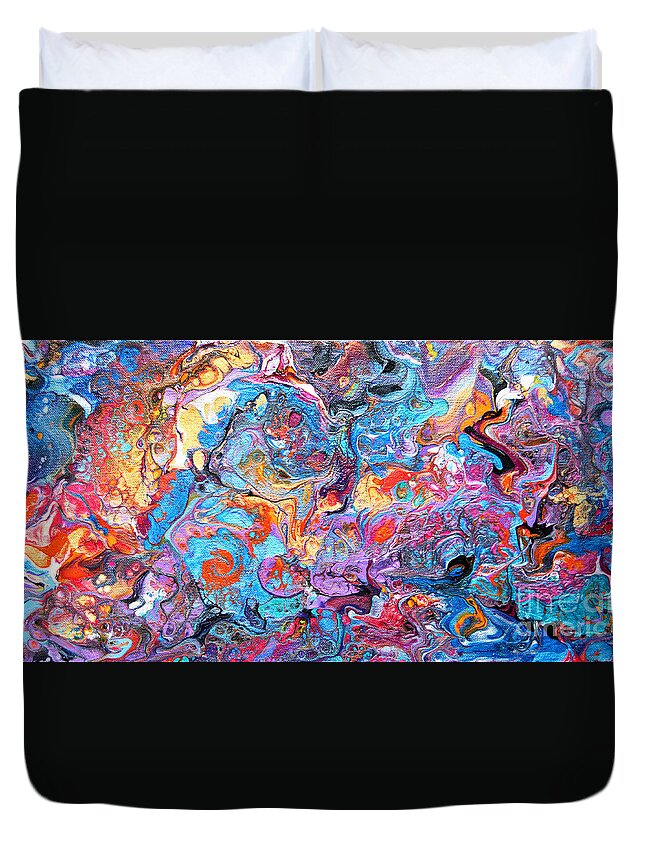 Delicious Soothing Sensual Flowing Rainbow Abstract Riotous Vibrant Colorful Fun Charming Dynamic Playful Inviting Compelling Modern Blue And Orange Dominate Duvet Cover featuring the painting #1709 Riotous rainbow #1709 by Priscilla Batzell Expressionist Art Studio Gallery
