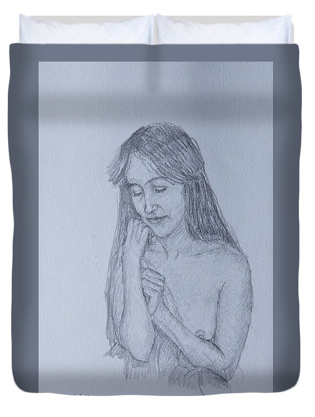 Nude Duvet Cover featuring the drawing Nude Study #171 by Masami Iida