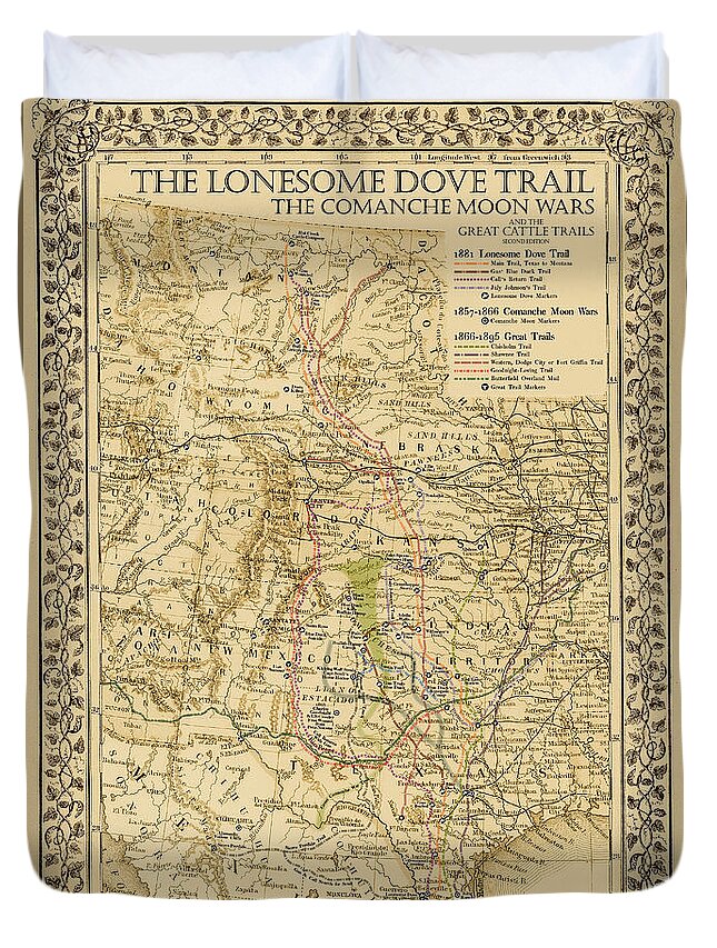 Lonesome Dove Map Duvet Cover featuring the drawing 1881 Lonesome Dove Map by Texas Map Store