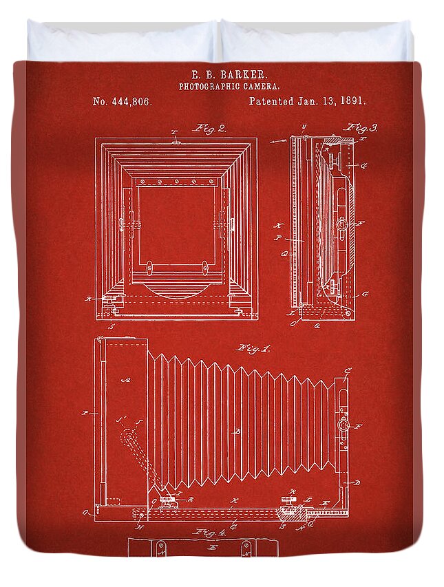 Patent Duvet Cover featuring the digital art 1891 Camera US Patent Invention Drawing - Red by Todd Aaron