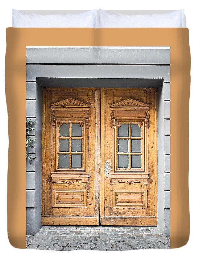 Aged Duvet Cover featuring the photograph Wooden door #19 by Tom Gowanlock