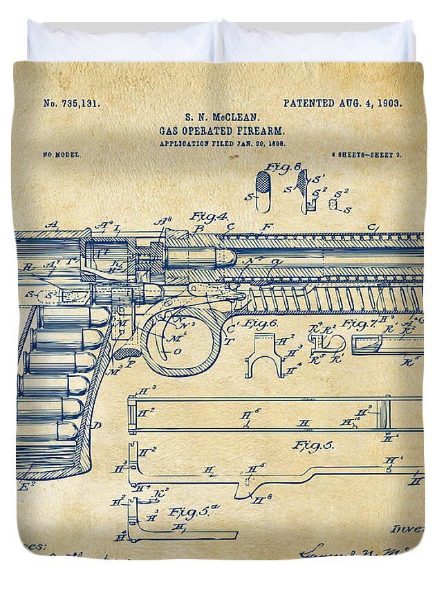 Gun Duvet Cover featuring the digital art 1903 McClean Pistol Patent Artwork - Vintage by Nikki Marie Smith