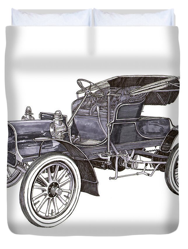 It Was The Sixth Year Of Improvements From Harry Knox's Original Three Wheel Runabout In Duvet Cover featuring the drawing 1906 Knox Model F 3 Surry by Jack Pumphrey
