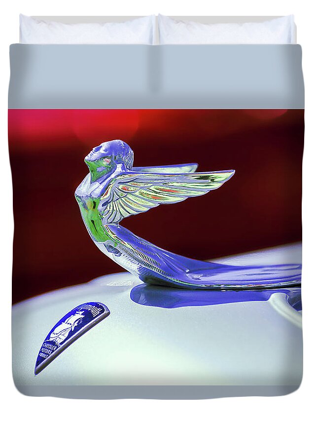 1933 Plymouth Hood Ornament Duvet Cover featuring the photograph 1933 Plymouth Hood Ornament -0121rc by Jill Reger