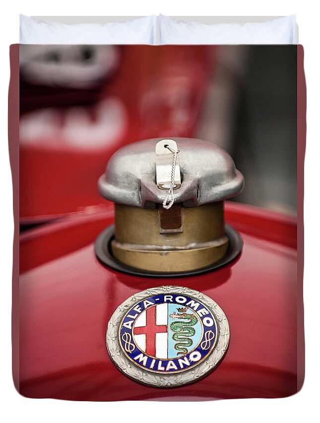 1934 Alfa Romeo Tipo B Duvet Cover featuring the photograph 1934 Alfa Romeo Tipo B Hood Emblem by Jill Reger