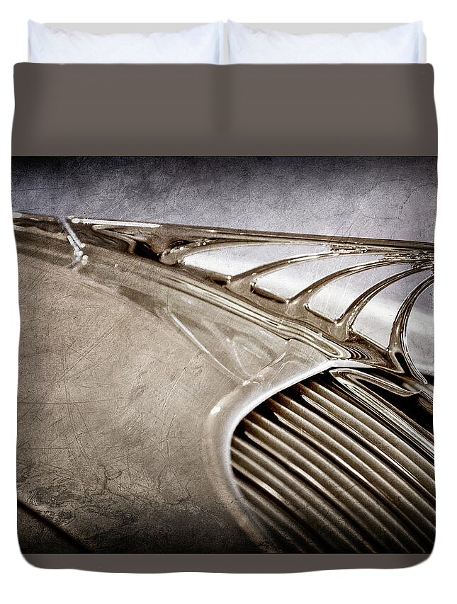 1934 Desoto Airflow Coupe Hood Ornament Duvet Cover featuring the photograph 1934 DeSoto Airflow Coupe Hood Ornament -2404ac by Jill Reger