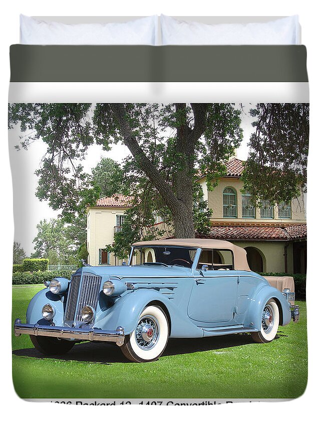 Photograph Of A 1936 Packard 12 1407 Convertible Roadster At The Philmont Ranch In Northern New Mexico Duvet Cover featuring the photograph 1936 Packard 12 1407 Convertible Roadster by Jack Pumphrey