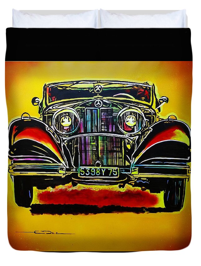  Mercedes 500k (type W29) Portrait Duvet Cover featuring the painting 1937 Mercedes Benz First Wheel Down by Eric Dee