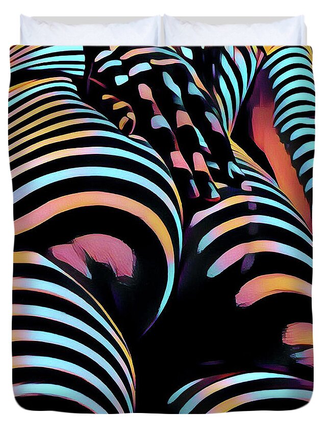 Sensual Duvet Cover featuring the digital art 1937s-AK Sliding Her Hand Down Her Naked Back rendered in Composition style by Chris Maher