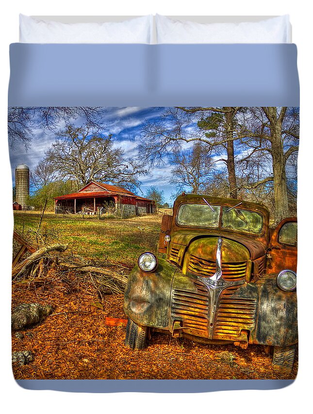 Reid Callaway Retired Duvet Cover featuring the photograph Retired 1947 Dodge Dump Truck Farming Landscape Art by Reid Callaway