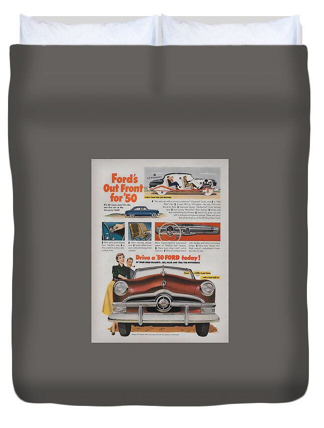 James Smullins Duvet Cover featuring the mixed media 1950 Ford vintage ad by James Smullins