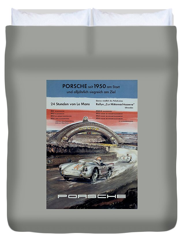 24 Hours Of Le Mans Duvet Cover featuring the digital art 1950 Porsche Le mans Poster by Georgia Clare