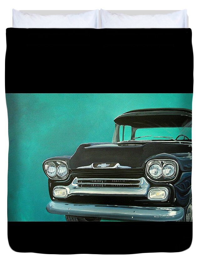 Folk Art Duvet Cover featuring the painting 1957 Apache Truck by Debbie Criswell