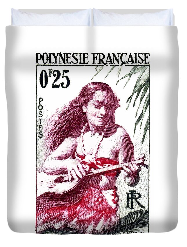 Polynesia Duvet Cover featuring the digital art 1958 French Polynesia Guitar Girl 25fr Postage Stamp by Retro Graphics