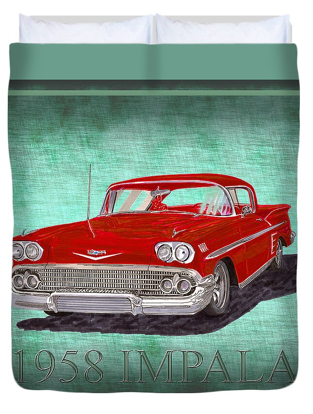 A Bright Red 1958 Chevy Impala Poised Against A Green Linen Pillow Duvet Cover featuring the painting 1958 Impala by Chevrolet by Jack Pumphrey