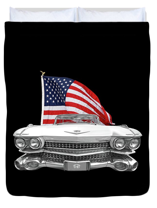 Cadillac Duvet Cover featuring the photograph 1959 Cadillac With US Flag by Gill Billington