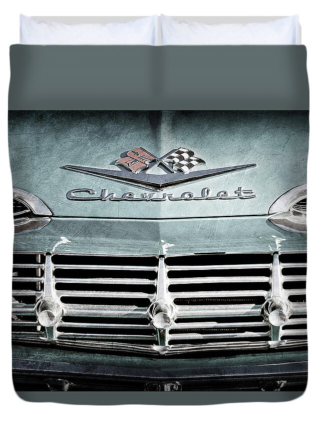 1959 Chevrolet Impala Grille Emblem Duvet Cover featuring the photograph 1959 Chevrolet Impala Grille Emblem -1014ac by Jill Reger