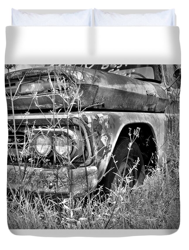 1961 Chevrolet Apache 10 Black And White 4 Duvet Cover featuring the photograph 1961 Chevrolet Apache 10 Black And White 4 by Lisa Wooten