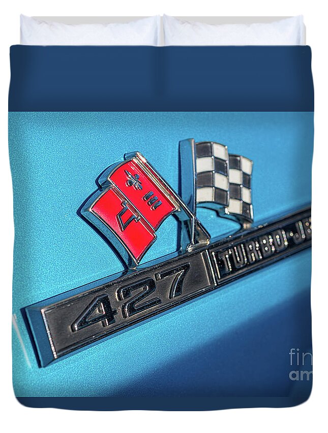 Chevy Duvet Cover featuring the photograph 1965 Blue Corvette 427 Turbo Jet Emblem by Aloha Art