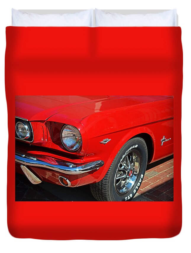 1965 Duvet Cover featuring the photograph 1965 Red Ford Mustang Classic Car by Toby McGuire