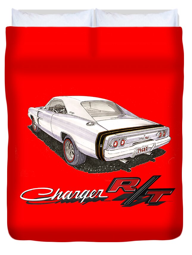 Muscle Car Tee Shirts Duvet Cover featuring the painting 1968 Dodge Charger tee shirt by Jack Pumphrey