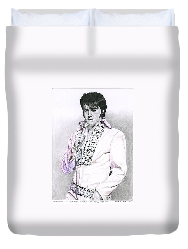 Elvis Duvet Cover featuring the drawing 1970 White Brocade Suit Silver Trim by Rob De Vries