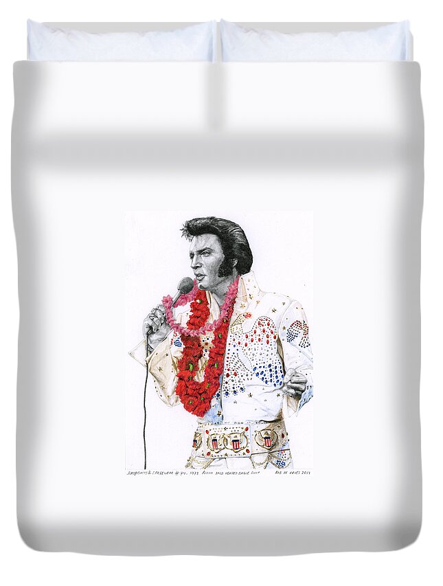 Elvis Duvet Cover featuring the drawing 1973 Aloha Bald Headed Eagle Suit by Rob De Vries