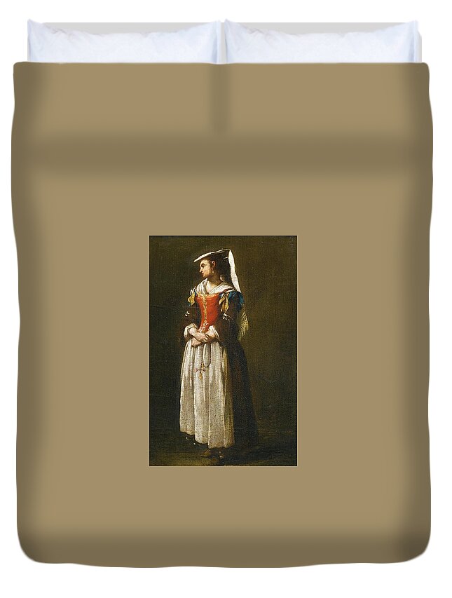 A Young Woman Dressed In Neapolitan Fashion' By Jean Barbault Duvet Cover featuring the painting A Young Woman Dressed in Neapolitan Fashion by MotionAge Designs