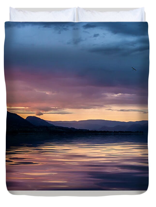 Vaseux Lake; Bc; Oliver; Osoyoos; Penticton; Okanagan; Canada; Lake; Mountain; Sunrise; Dawn; Twilight; John Poon; Cattail; Water; Mist; Fog; Misty; Foggy; Morning; Autumn; Fall; Call Of The Wild; Wilderness Duvet Cover featuring the photograph Across the clouds I see my shadow fly #3 by John Poon