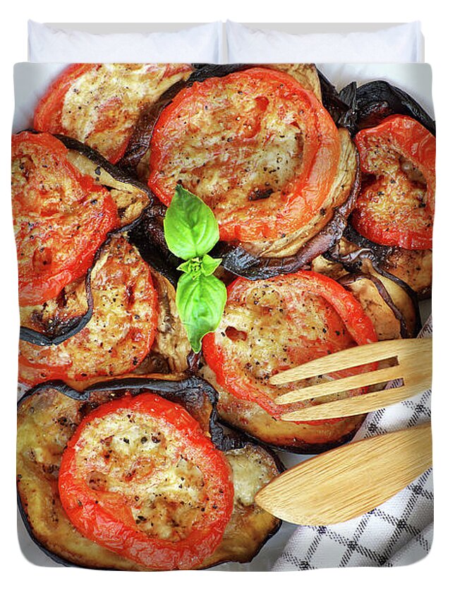Aubergine Duvet Cover featuring the photograph Baked eggplant with tomatoes #2 by Anna Om