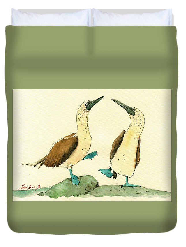 Blue Footed Boobies Duvet Cover featuring the painting Blue footed boobies by Juan Bosco