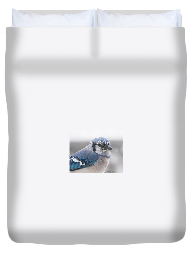 Blue Jay In A Blizzard Duvet Cover featuring the photograph Blue Jay in a blizzard #2 by Diane Giurco
