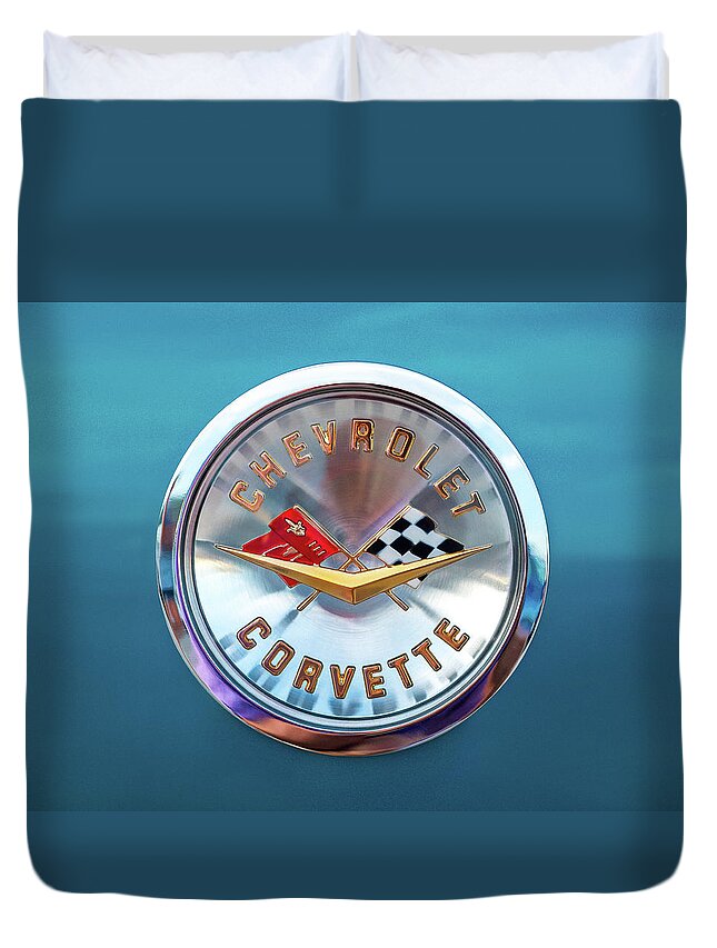 Corvette Duvet Cover featuring the digital art Corvette Badge #2 by Douglas Pittman