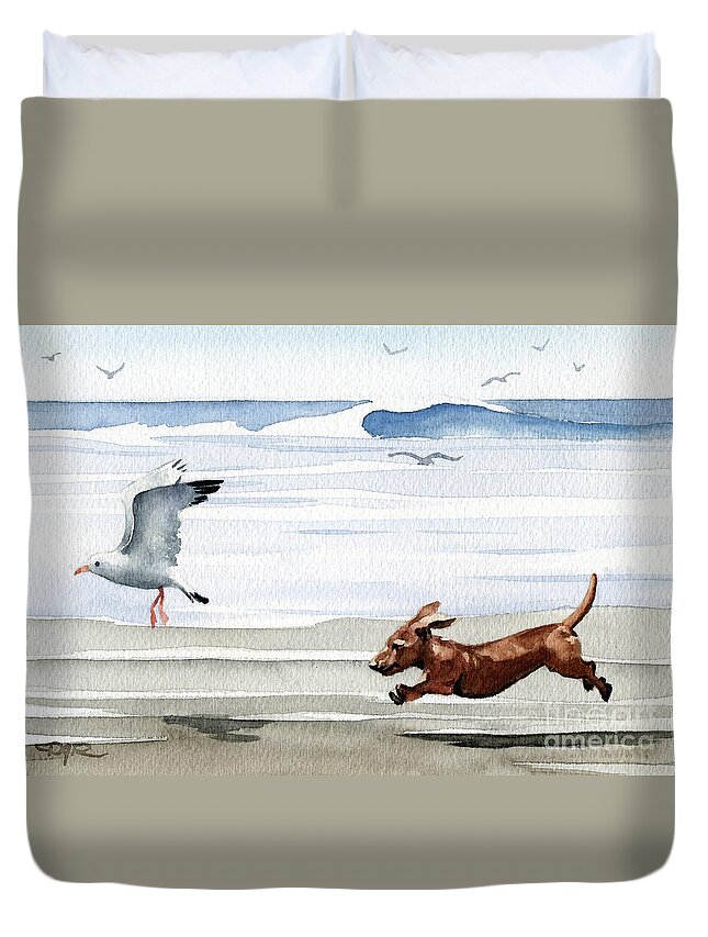 Dachshund Running Playing Seagull Beach Ocean Waves Shore Pet Dog Breed Canine Art Print Artwork Painting Watercolor Gift Gifts Picture Duvet Cover featuring the painting Dachshund at the Beach by David Rogers