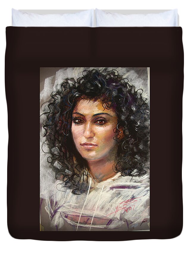 Girl Portrait Duvet Cover featuring the pastel Erbora by Ylli Haruni