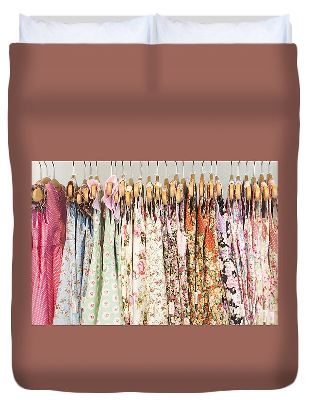 Bright Duvet Cover featuring the photograph Floral Pattern Young Girl Dresses In Shop #2 by JM Travel Photography
