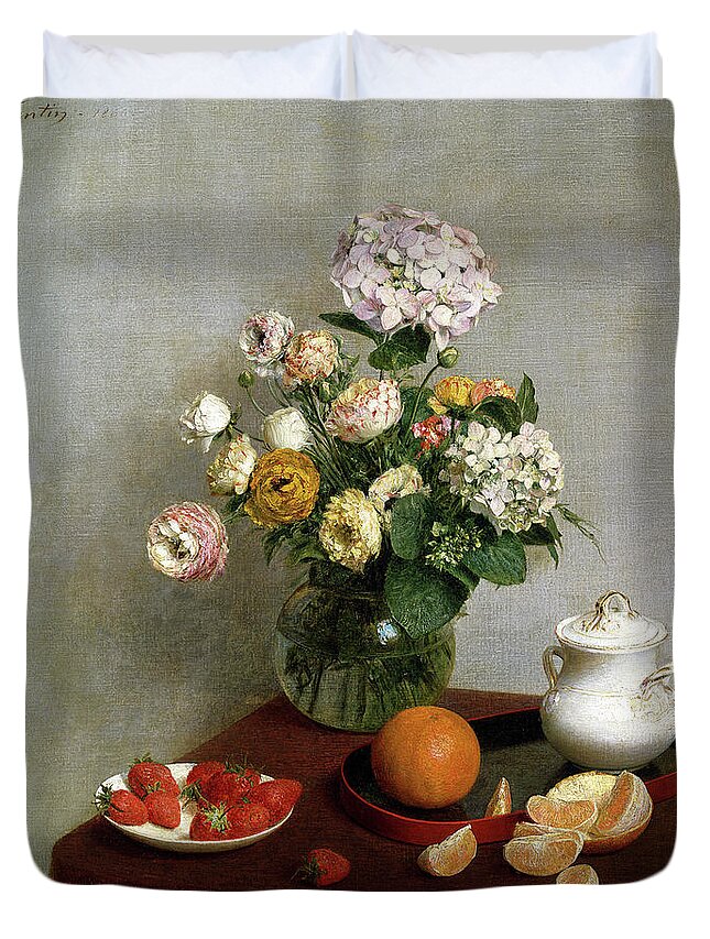 Henri Fantin Latour Duvet Cover featuring the painting Flowers and Fruit #2 by Henri Fantin Latour