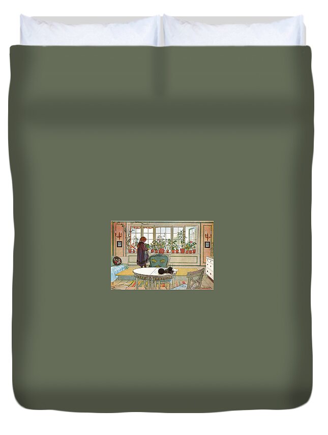 Carl Larsson Duvet Cover featuring the painting Flowers on the Windowsill by MotionAge Designs