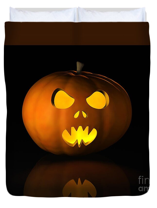 Jack O'lantern Duvet Cover featuring the photograph Halloween pumpkin on a black reflective surface #2 by Sara Winter