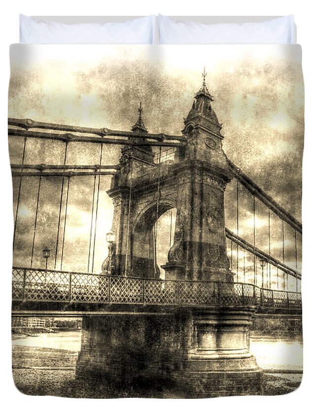 Bridge Duvet Cover featuring the photograph Hammersmith Bridge London Vintage #2 by David Pyatt