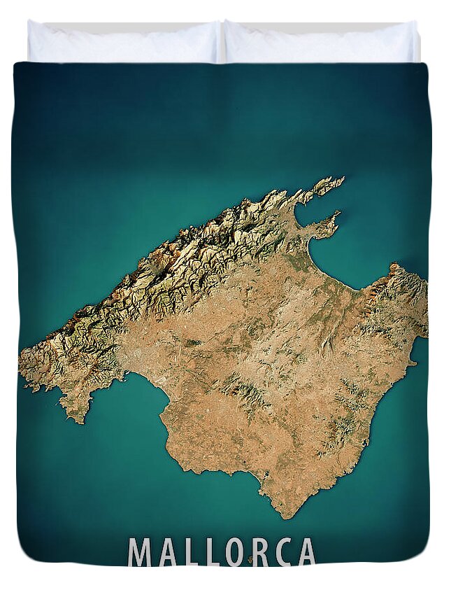 Mallorca Duvet Cover featuring the digital art Mallorca Island 3D Render Satellite View Topographic Map by Frank Ramspott
