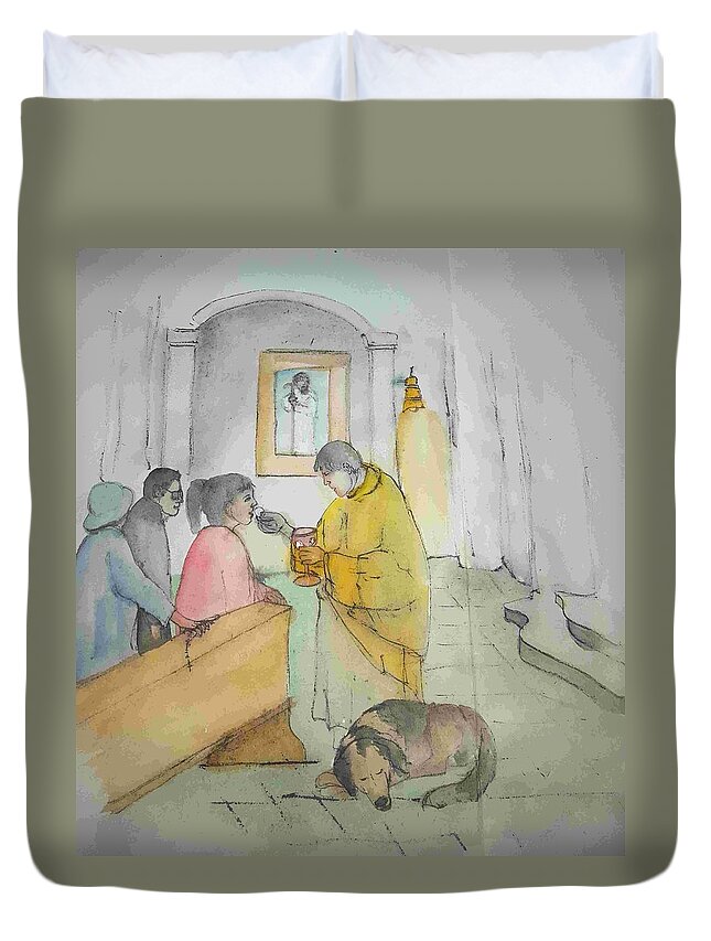 Italy. Church. Catholic. Mass. Communion Duvet Cover featuring the painting Mangia It is Italy album #2 by Debbi Saccomanno Chan