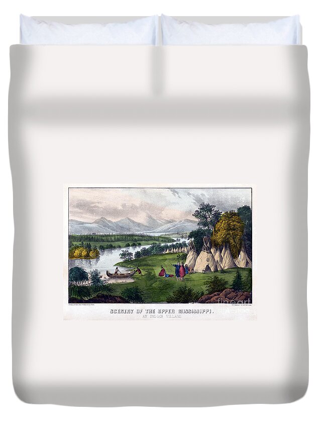 1800s Duvet Cover featuring the drawing Native American Village. #2 by Granger