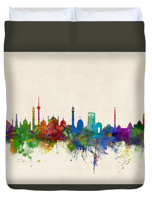 Watercolour Duvet Cover featuring the digital art New Delhi India Skyline #2 by Michael Tompsett