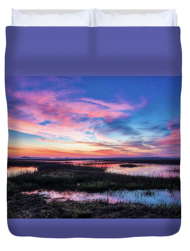 Oak Island Duvet Cover featuring the photograph Oak Island Marsh Sunrise by Nick Noble