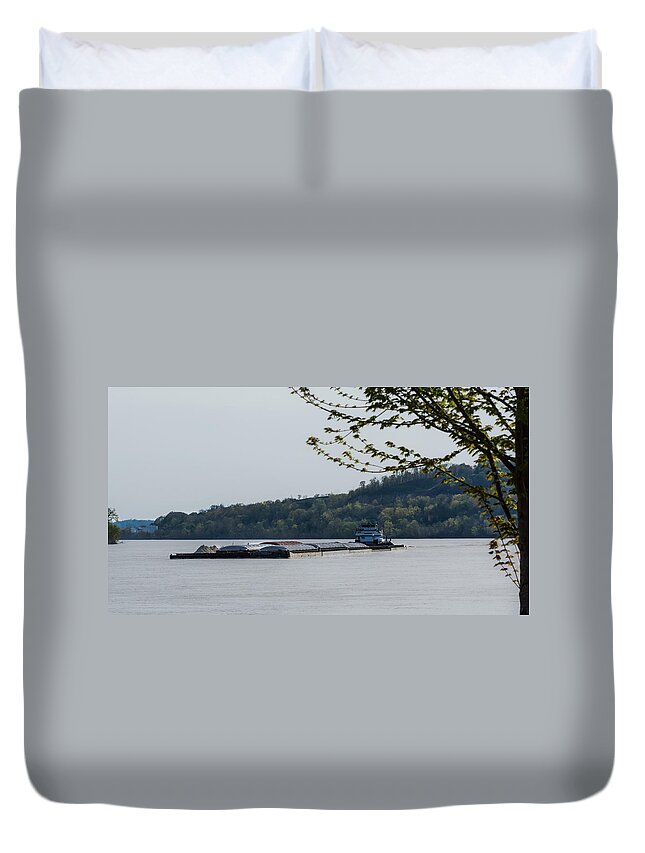 River Duvet Cover featuring the photograph Ohio River Barge by Holden The Moment